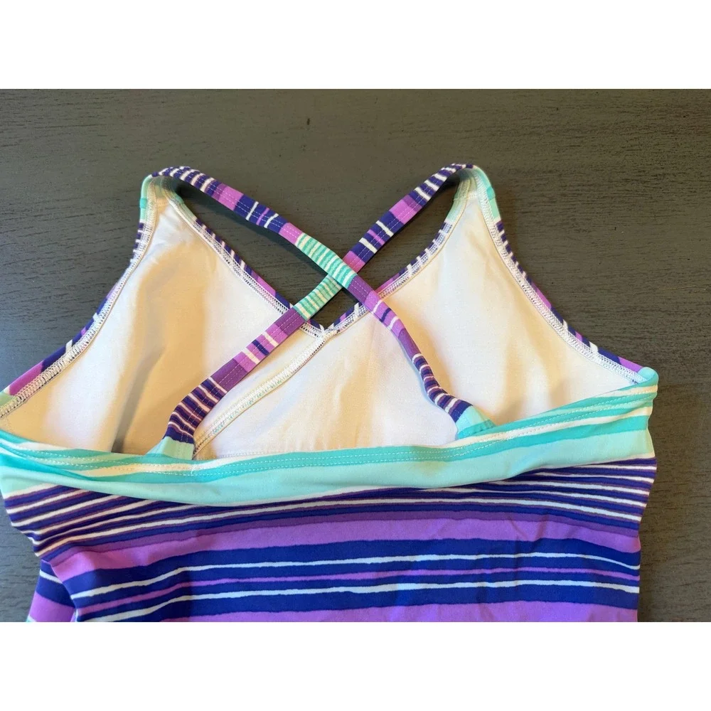 Lands End Kids Girls One Piece Swimsuit Size 14 Purple Teal Striped Crossback